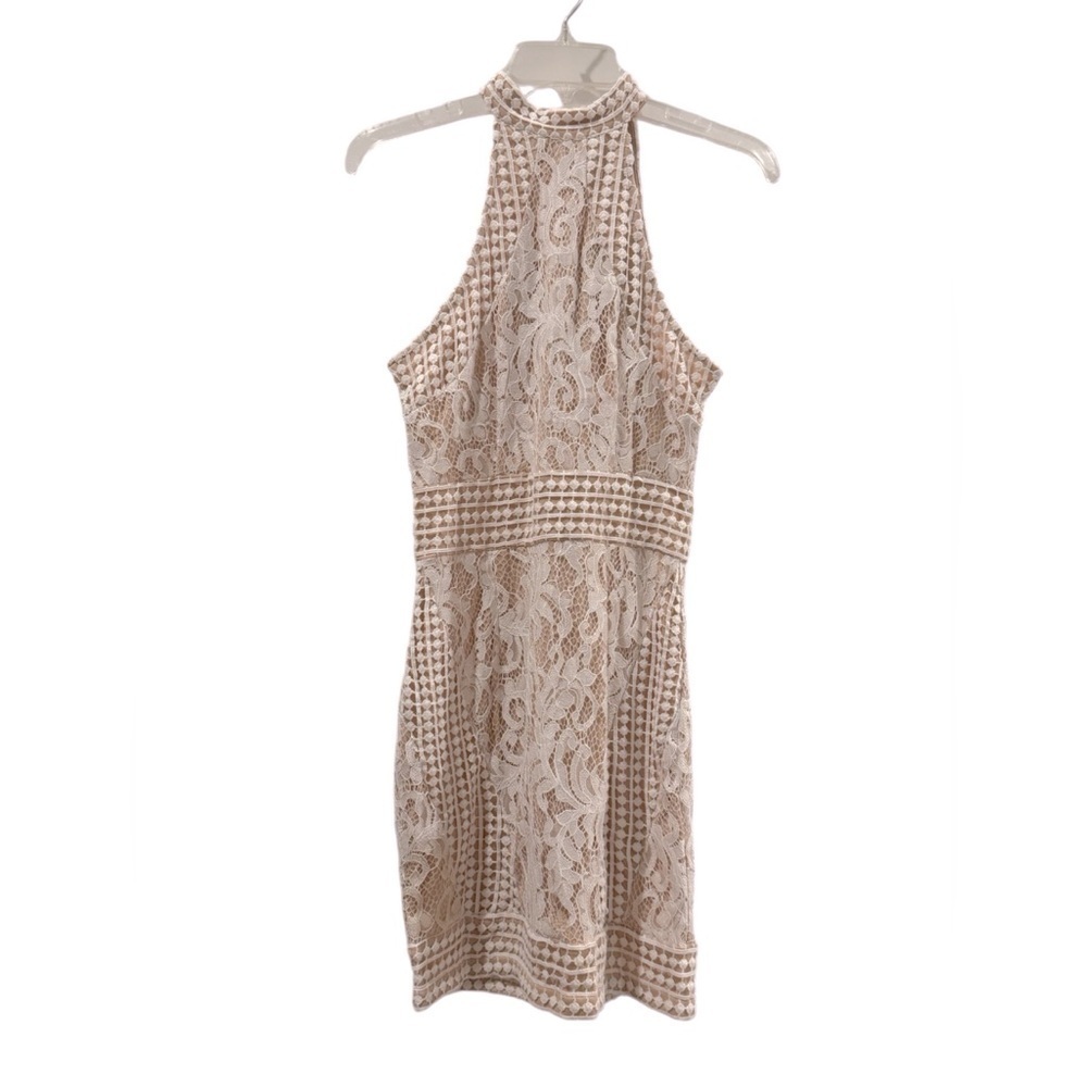 PrettyLittleThings Elegant Cream Lace Dress Halter Neck Zip Back Size 8 New